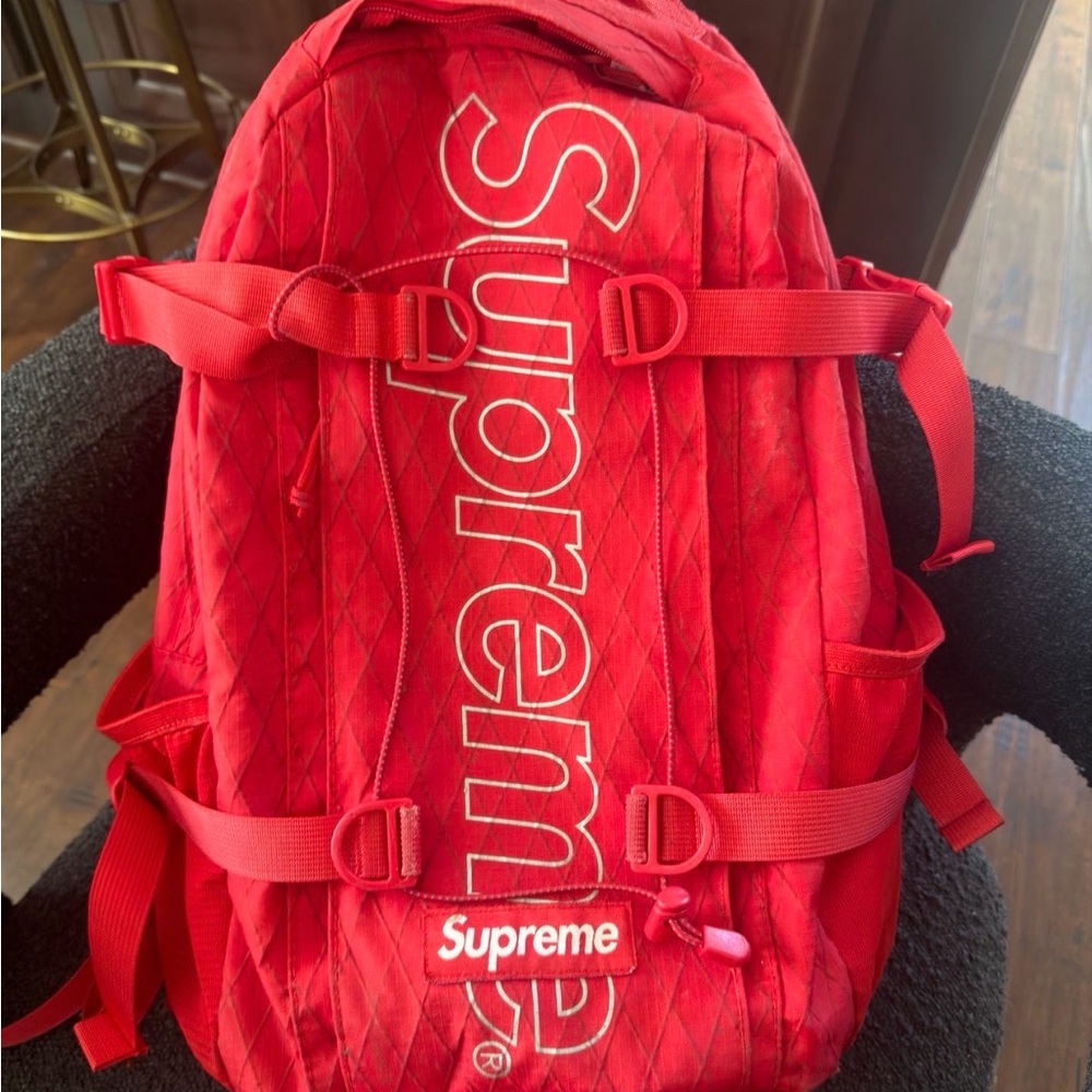 Supreme Quilted Red Backpack with Vertical Logo